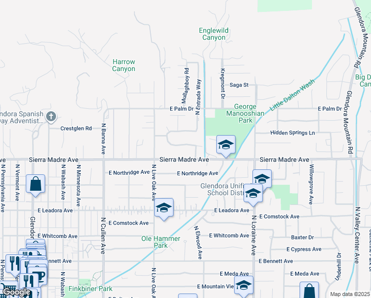 map of restaurants, bars, coffee shops, grocery stores, and more near 810 Huerta Verde Road in Glendora