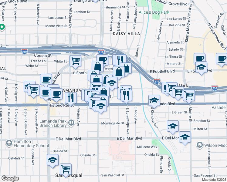 map of restaurants, bars, coffee shops, grocery stores, and more near 2800 East Walnut Street in Pasadena