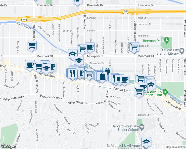 map of restaurants, bars, coffee shops, grocery stores, and more near 4243 Mary Ellen Avenue in Los Angeles