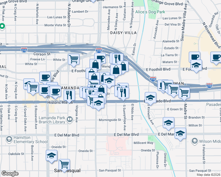 map of restaurants, bars, coffee shops, grocery stores, and more near 2800 East Walnut Street in Pasadena