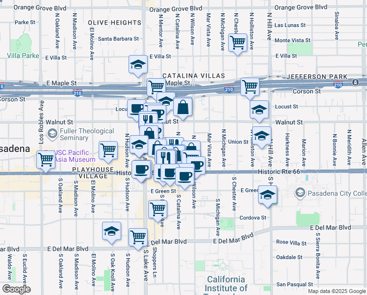 map of restaurants, bars, coffee shops, grocery stores, and more near in Pasadena