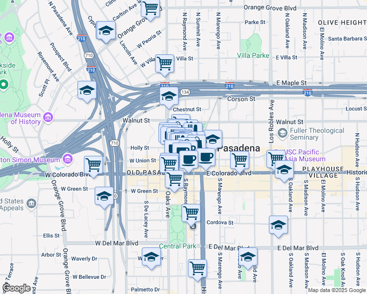 map of restaurants, bars, coffee shops, grocery stores, and more near 93 North Raymond Avenue in Pasadena
