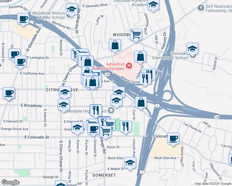 map of restaurants, bars, coffee shops, grocery stores, and more near 140 Sinclair Avenue in Glendale