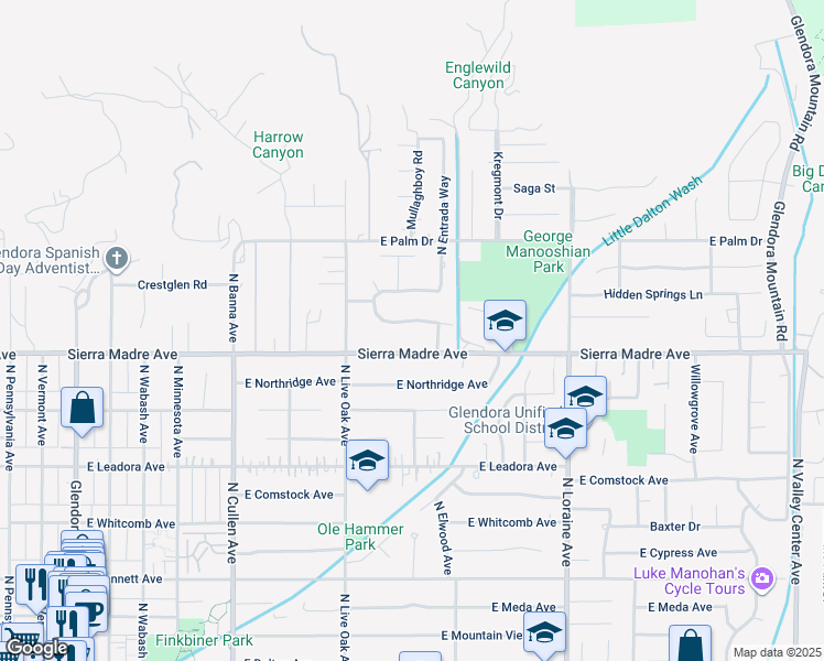 map of restaurants, bars, coffee shops, grocery stores, and more near 810 Huerta Verde Road in Glendora