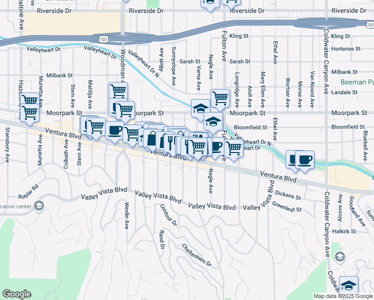 map of restaurants, bars, coffee shops, grocery stores, and more near 13428A Ventura Boulevard in Los Angeles