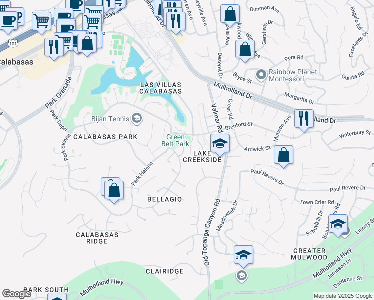 map of restaurants, bars, coffee shops, grocery stores, and more near 4370 Park Monte Nord in Calabasas