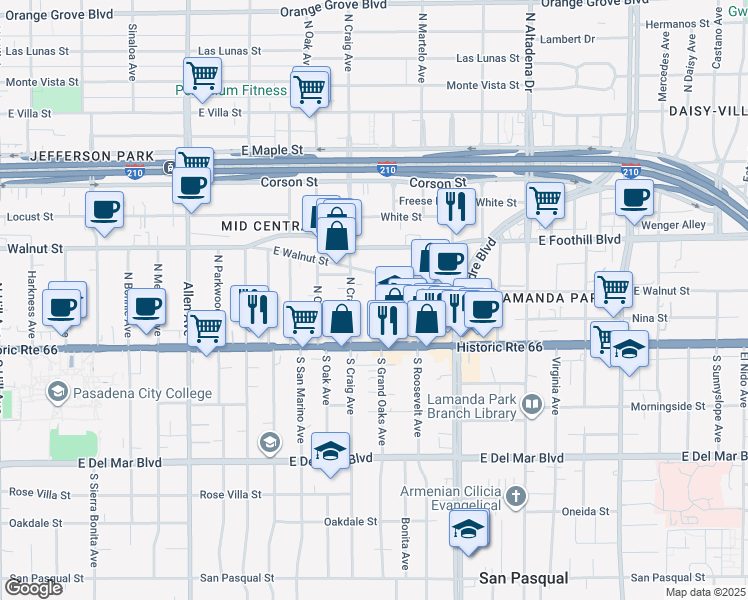 map of restaurants, bars, coffee shops, grocery stores, and more near 89 North Grand Oaks Avenue in Pasadena