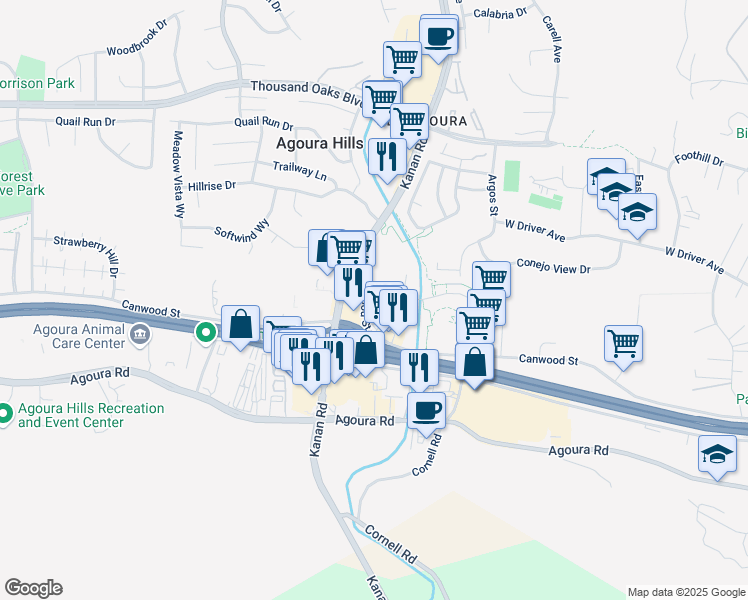 map of restaurants, bars, coffee shops, grocery stores, and more near 29150 Medea Lane in Agoura Hills