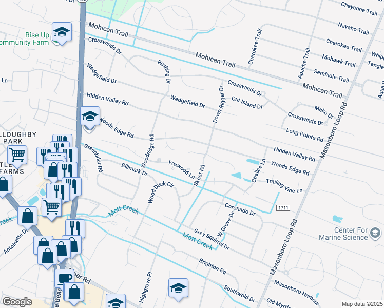 map of restaurants, bars, coffee shops, grocery stores, and more near 5011 Laurenbridge Lane in Wilmington