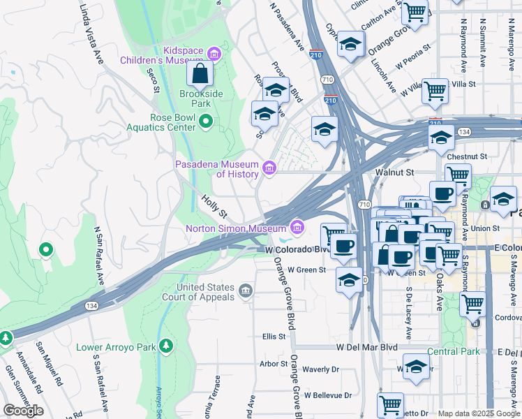 map of restaurants, bars, coffee shops, grocery stores, and more near 124 North Orange Grove Boulevard in Pasadena