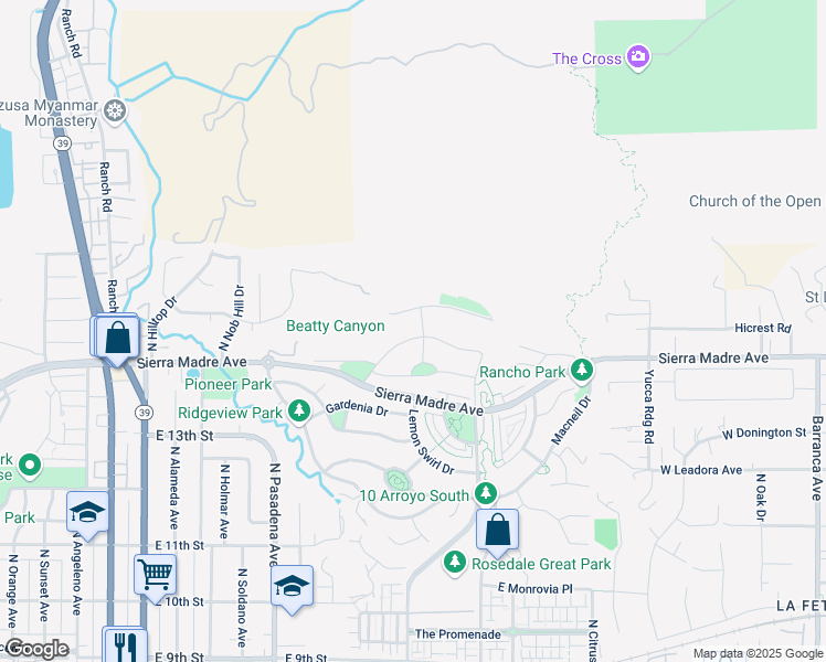 map of restaurants, bars, coffee shops, grocery stores, and more near 663 Orange Blossom Way in Glendora