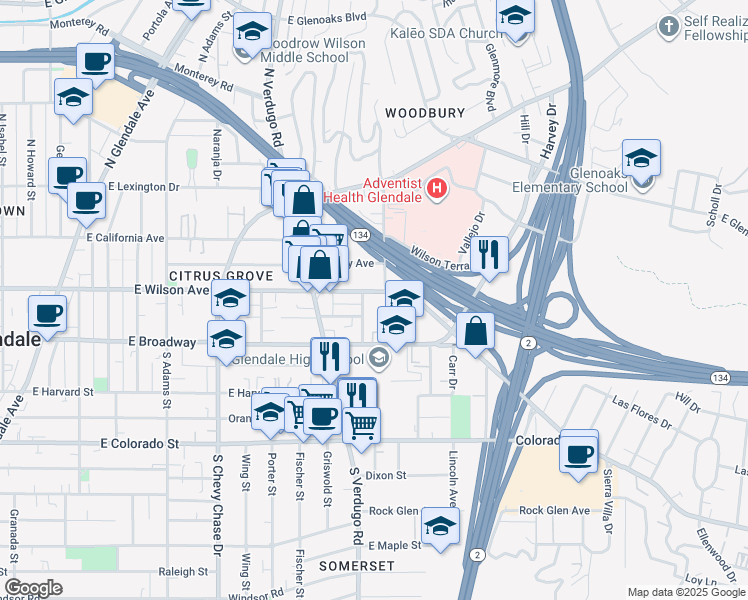 map of restaurants, bars, coffee shops, grocery stores, and more near 134 Lukens Place in Glendale