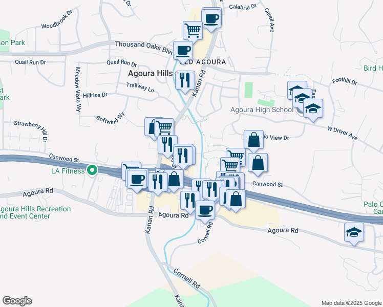 map of restaurants, bars, coffee shops, grocery stores, and more near 29128 Oak Creek Lane in Agoura Hills