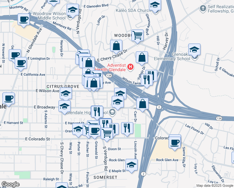 map of restaurants, bars, coffee shops, grocery stores, and more near 140 Sinclair Avenue in Glendale