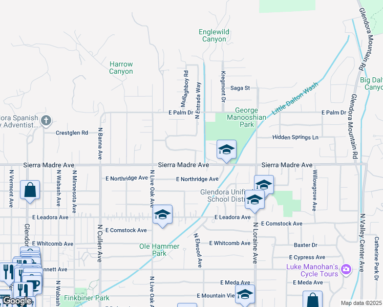 map of restaurants, bars, coffee shops, grocery stores, and more near 830 Huerta Verde Road in Glendora