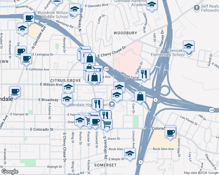 map of restaurants, bars, coffee shops, grocery stores, and more near 1456 East Wilson Avenue in Glendale