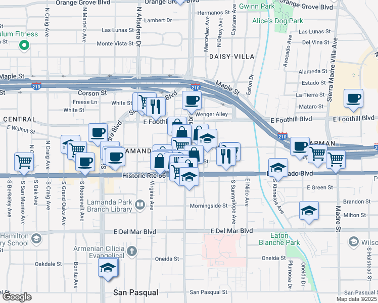 map of restaurants, bars, coffee shops, grocery stores, and more near 71 North San Gabriel Boulevard in Pasadena
