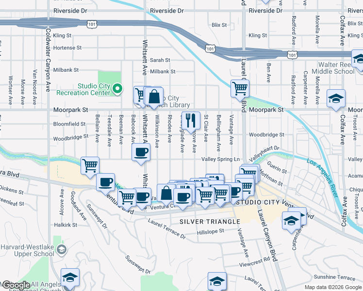 map of restaurants, bars, coffee shops, grocery stores, and more near 4222 Rhodes Avenue in Los Angeles