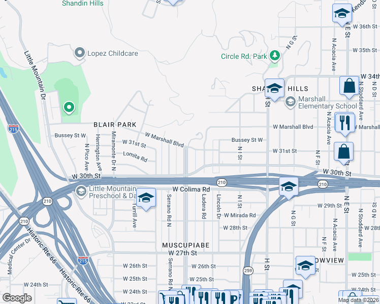 map of restaurants, bars, coffee shops, grocery stores, and more near 3075 Muscupiabe Drive in San Bernardino