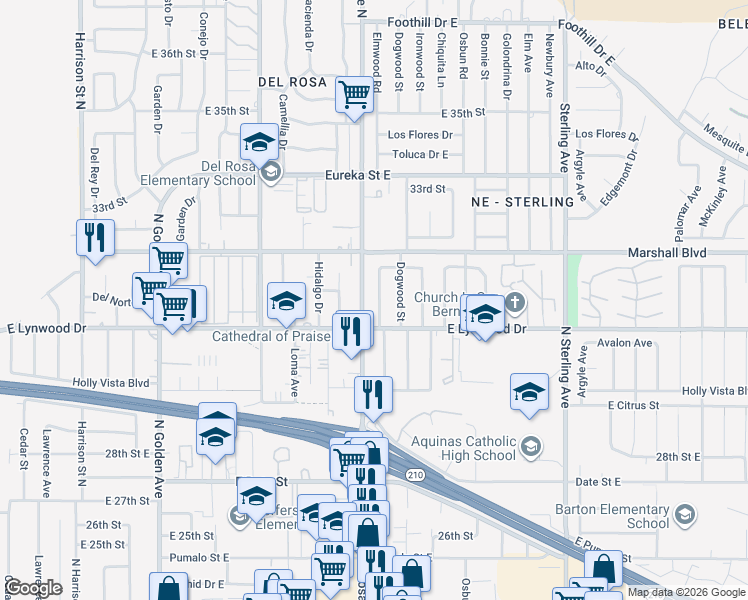map of restaurants, bars, coffee shops, grocery stores, and more near 5846 Elmwood Road in San Bernardino