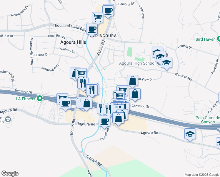 map of restaurants, bars, coffee shops, grocery stores, and more near 28990 Oak Creek Lane in Agoura Hills