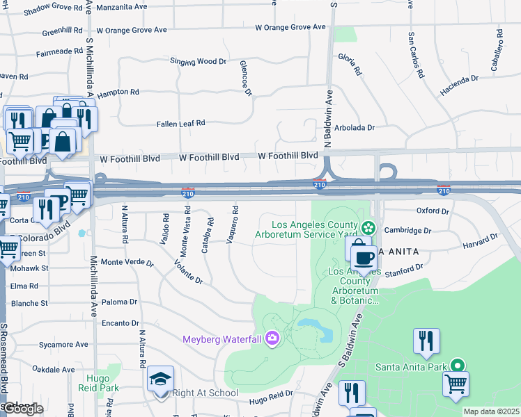map of restaurants, bars, coffee shops, grocery stores, and more near 849 San Vicente Road in Arcadia