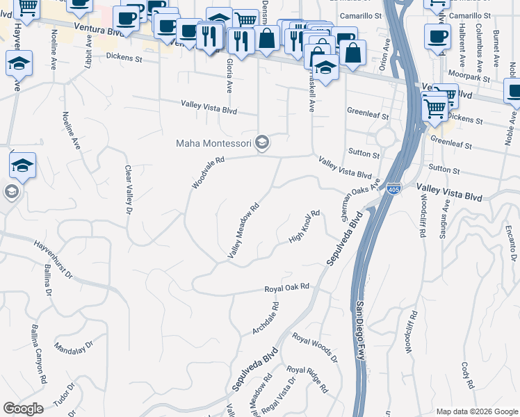 map of restaurants, bars, coffee shops, grocery stores, and more near 4230 Valley Meadow Road in Los Angeles
