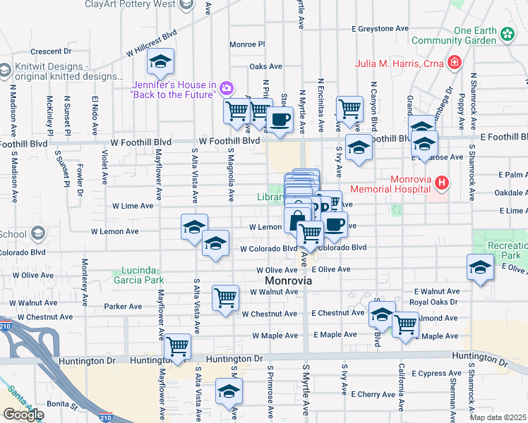map of restaurants, bars, coffee shops, grocery stores, and more near 200 West Lime Avenue in Monrovia