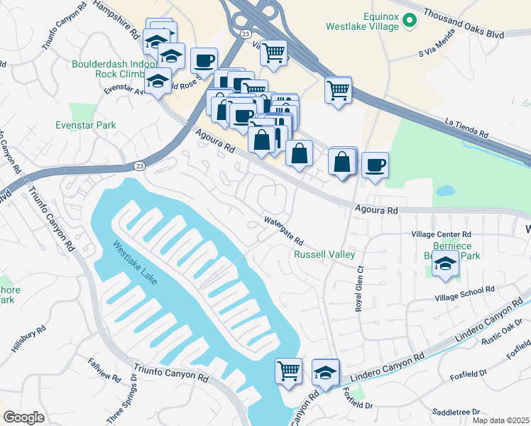 map of restaurants, bars, coffee shops, grocery stores, and more near 1228 Landsburn Circle in Westlake Village