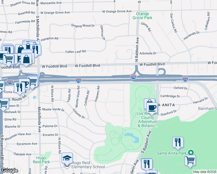 map of restaurants, bars, coffee shops, grocery stores, and more near 849 San Vicente Road in Arcadia