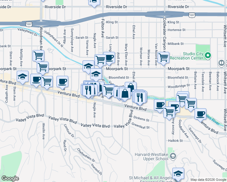 map of restaurants, bars, coffee shops, grocery stores, and more near 4243 Mary Ellen Avenue in Los Angeles