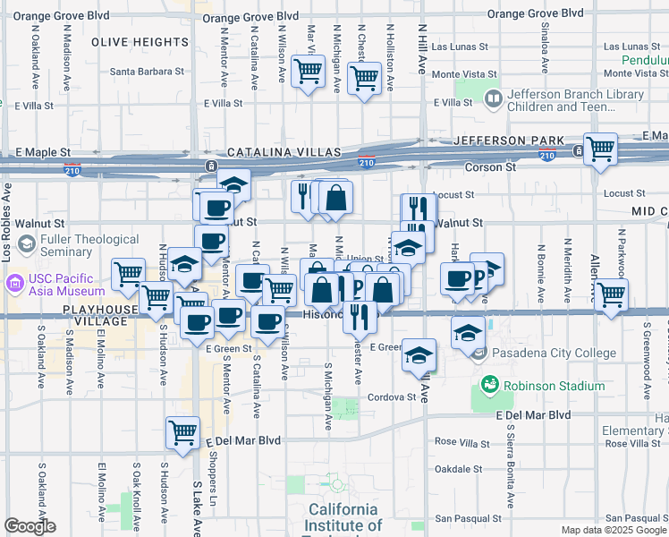 map of restaurants, bars, coffee shops, grocery stores, and more near 95 North Michigan Avenue in Pasadena