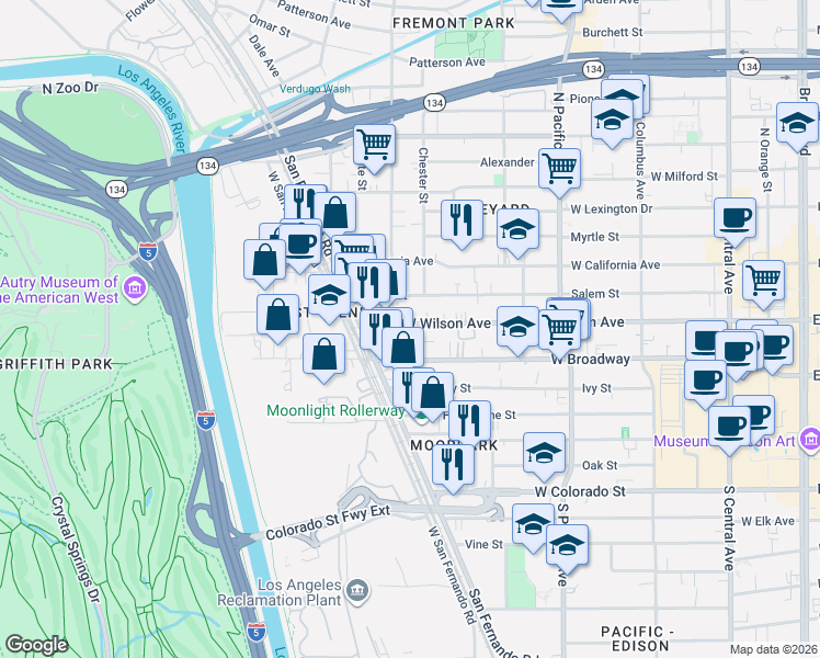map of restaurants, bars, coffee shops, grocery stores, and more near 710 West Wilson Avenue in Glendale