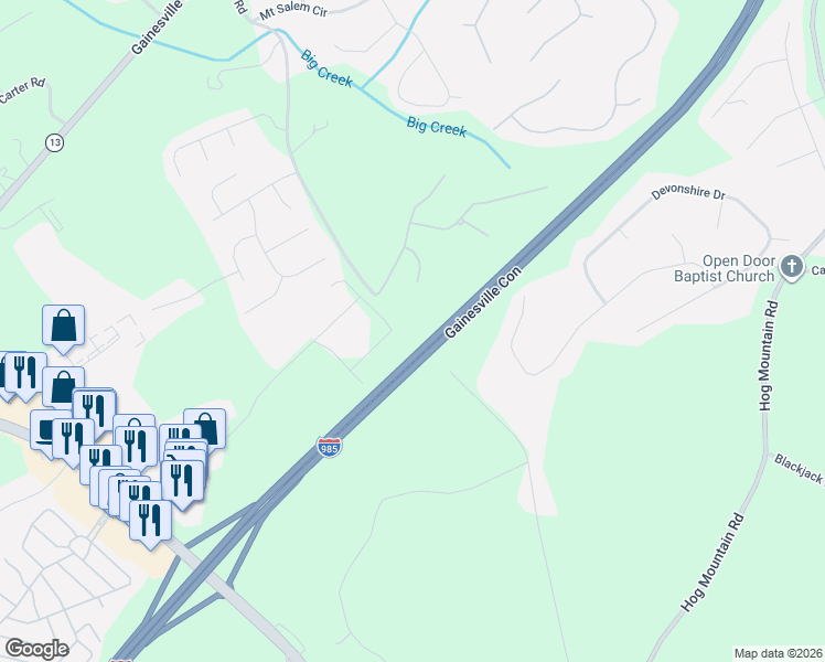map of restaurants, bars, coffee shops, grocery stores, and more near 5017 Bennett Road in Flowery Branch
