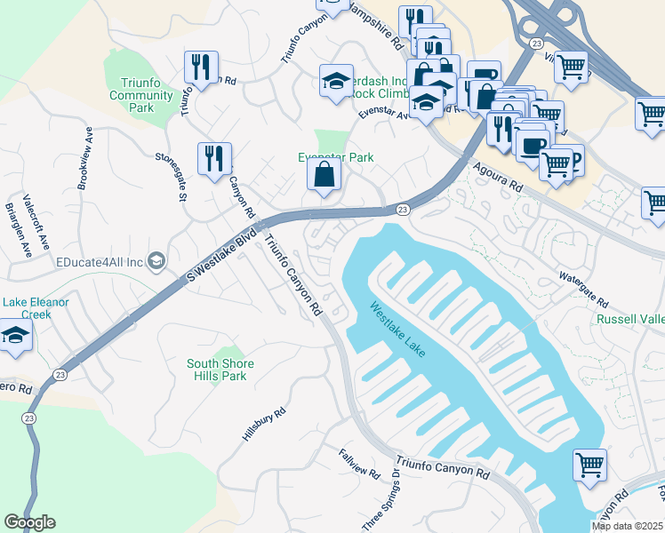 map of restaurants, bars, coffee shops, grocery stores, and more near 1228 Westlake Boulevard in Westlake Village