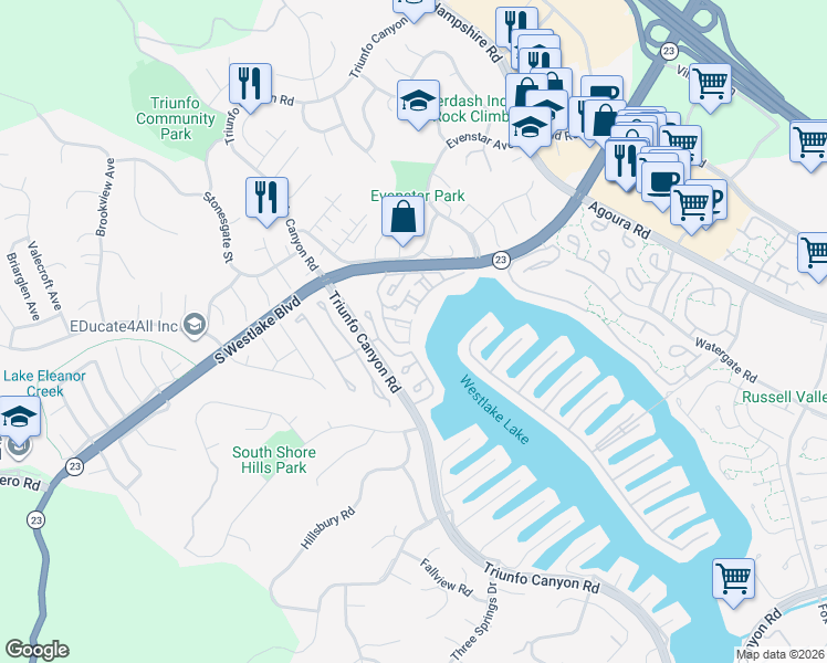 map of restaurants, bars, coffee shops, grocery stores, and more near 1228 South Westlake Boulevard in Westlake Village
