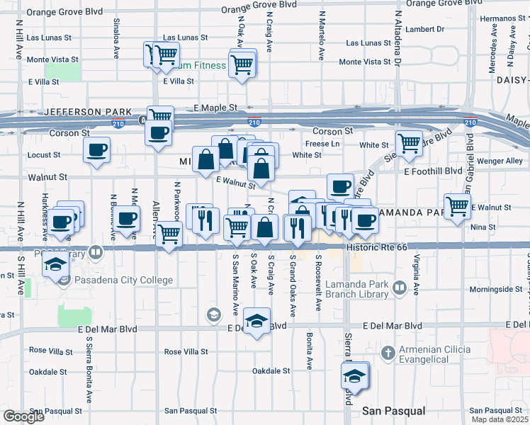 map of restaurants, bars, coffee shops, grocery stores, and more near 93 North Craig Avenue in Pasadena