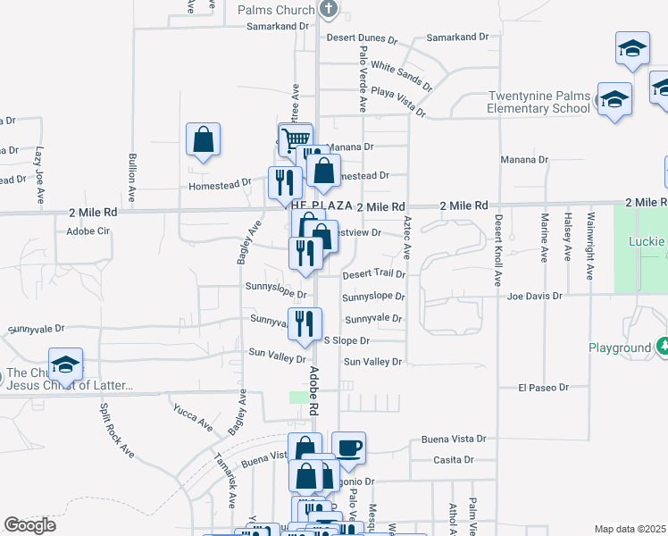 map of restaurants, bars, coffee shops, grocery stores, and more near 5834 Desert Trail in Twentynine Palms