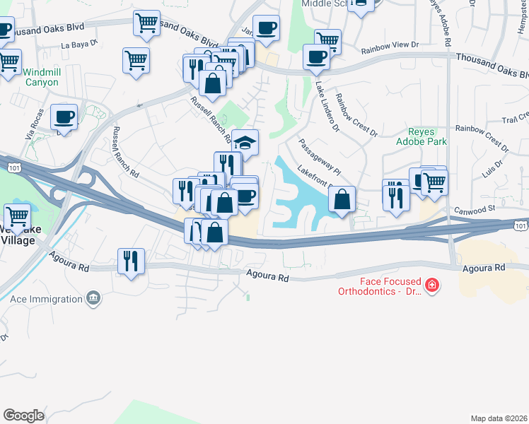 map of restaurants, bars, coffee shops, grocery stores, and more near 5345 Lake Crest Drive in Agoura Hills