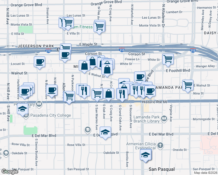 map of restaurants, bars, coffee shops, grocery stores, and more near 93 North Craig Avenue in Pasadena