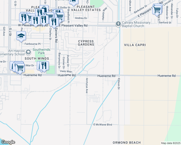 map of restaurants, bars, coffee shops, grocery stores, and more near 2 Hueneme Road in Oxnard