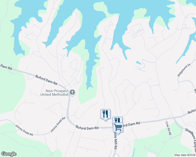 map of restaurants, bars, coffee shops, grocery stores, and more near 5968 Dolvin Lane in Buford