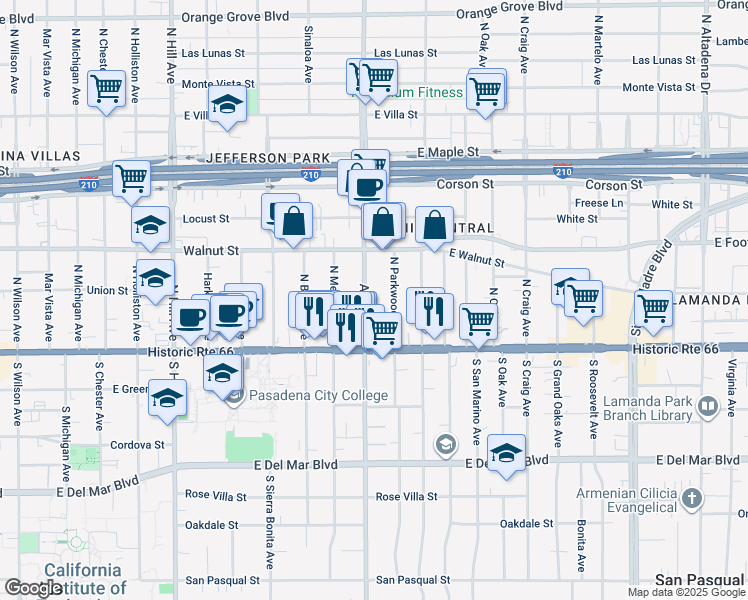 map of restaurants, bars, coffee shops, grocery stores, and more near Allen Avenue in Pasadena
