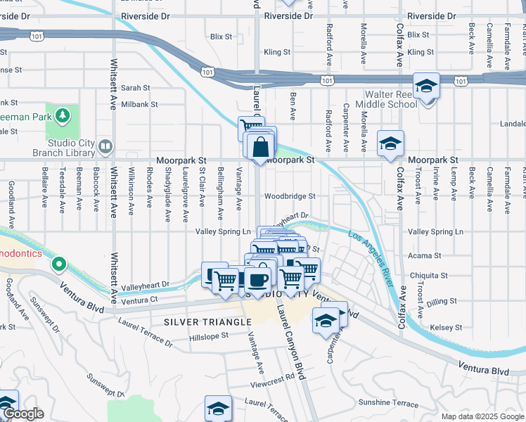 map of restaurants, bars, coffee shops, grocery stores, and more near 4248 Laurel Canyon Boulevard in Los Angeles