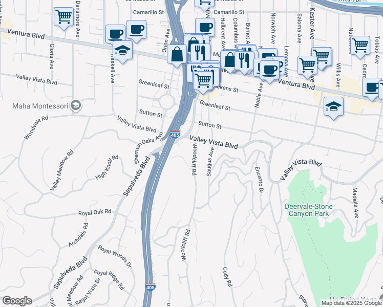 map of restaurants, bars, coffee shops, grocery stores, and more near 4241 Woodcliff Road in Los Angeles