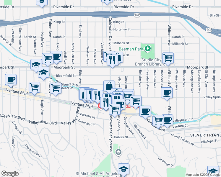 map of restaurants, bars, coffee shops, grocery stores, and more near 12931 Valleyheart Drive in Los Angeles