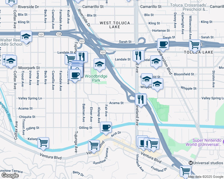 map of restaurants, bars, coffee shops, grocery stores, and more near 11160 Valley Spring Place in Los Angeles