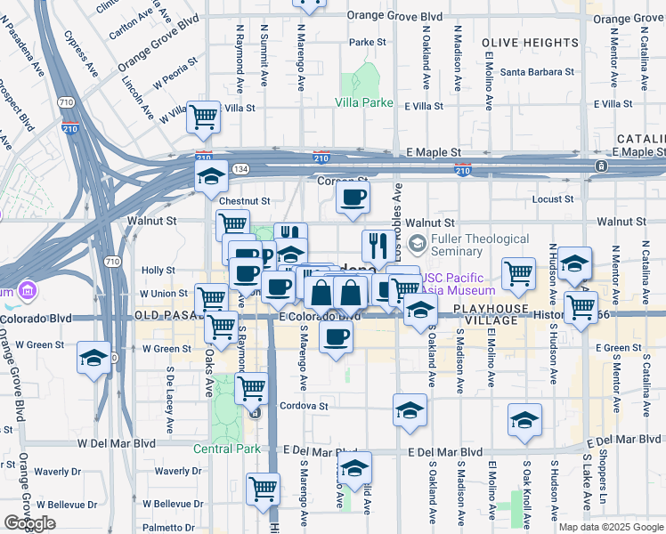 map of restaurants, bars, coffee shops, grocery stores, and more near in Pasadena