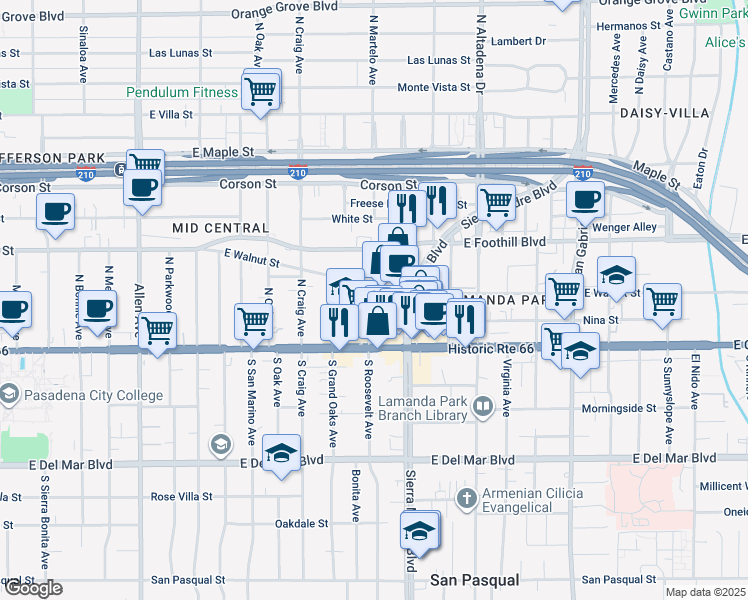 map of restaurants, bars, coffee shops, grocery stores, and more near 88 North Roosevelt Avenue in Pasadena