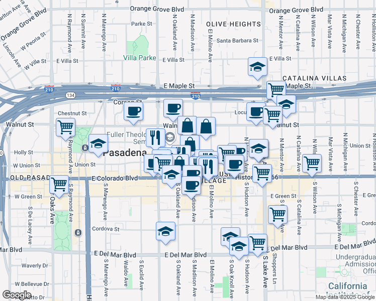 map of restaurants, bars, coffee shops, grocery stores, and more near 111 North Madison Avenue in Pasadena